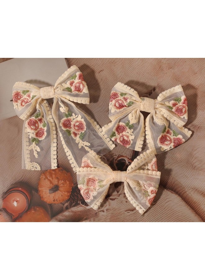 LFOUVRE Lace Embroidered Floral Hair Bows, Mesh Bowknot Barrettes Hair Clips and Accessories for Girls and Women, 3pcs - Image 2