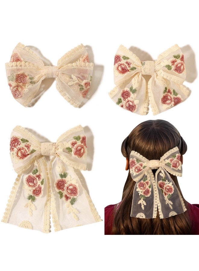 LFOUVRE Lace Embroidered Floral Hair Bows, Mesh Bowknot Barrettes Hair Clips and Accessories for Girls and Women, 3pcs - Image 1