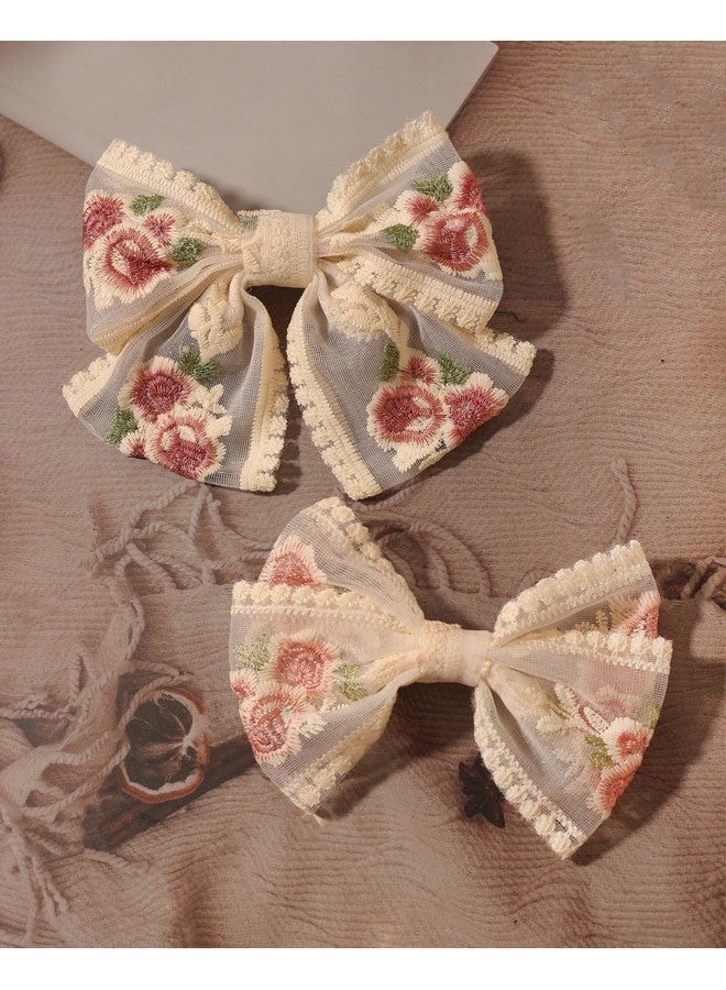 LFOUVRE Lace Embroidered Floral Hair Bows, Mesh Bowknot Barrettes Hair Clips and Accessories for Girls and Women, 3pcs - Image 3