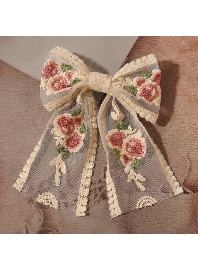 LFOUVRE Lace Embroidered Floral Hair Bows, Mesh Bowknot Barrettes Hair Clips and Accessories for Girls and Women, 3pcs - Image 5
