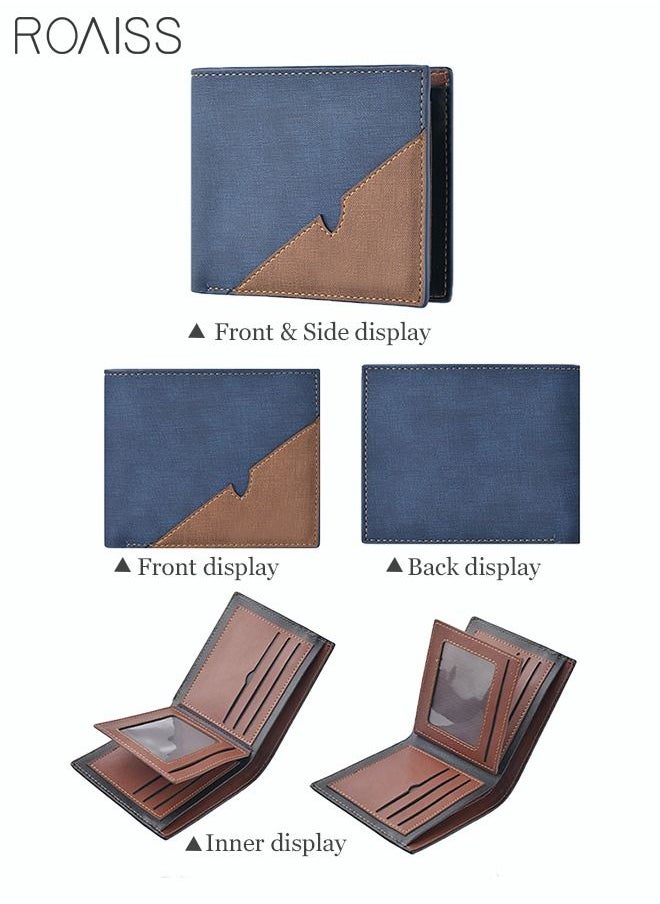 رويس - محفظة قابلة للطي من Colorblock بتصميم ريترو أنيق وسحّاب من جلد البولي يوريثان وحامل بطاقات بفتحة بطاقات متعددة وحقيبة عملات معدنية ومشبك نقود للرجال / الصبي الصغير / الأب / هدية الأخ أزرق / بني - Image 1