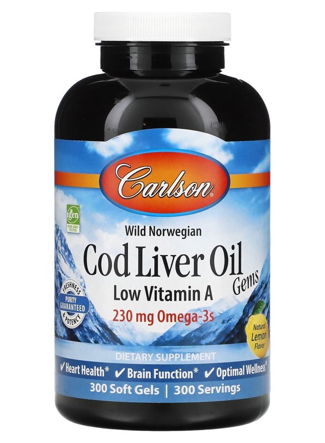 Wild Norwegian Cod Liver Oil Gems Low Vitamin A Natural Lemon 230 mg 300 Soft Gels