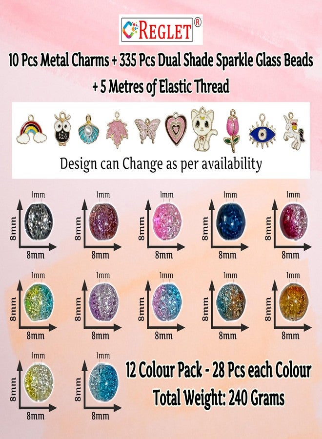 REGLET 10 Charms + 335 Pcs Dual Shade Sparkle Bracelet Beads for Kids, Glass Beads for Bracelet Making Kit, Jewellery Making Kit, Crystal Bead Craft - Multicolour - 240g - Image 2