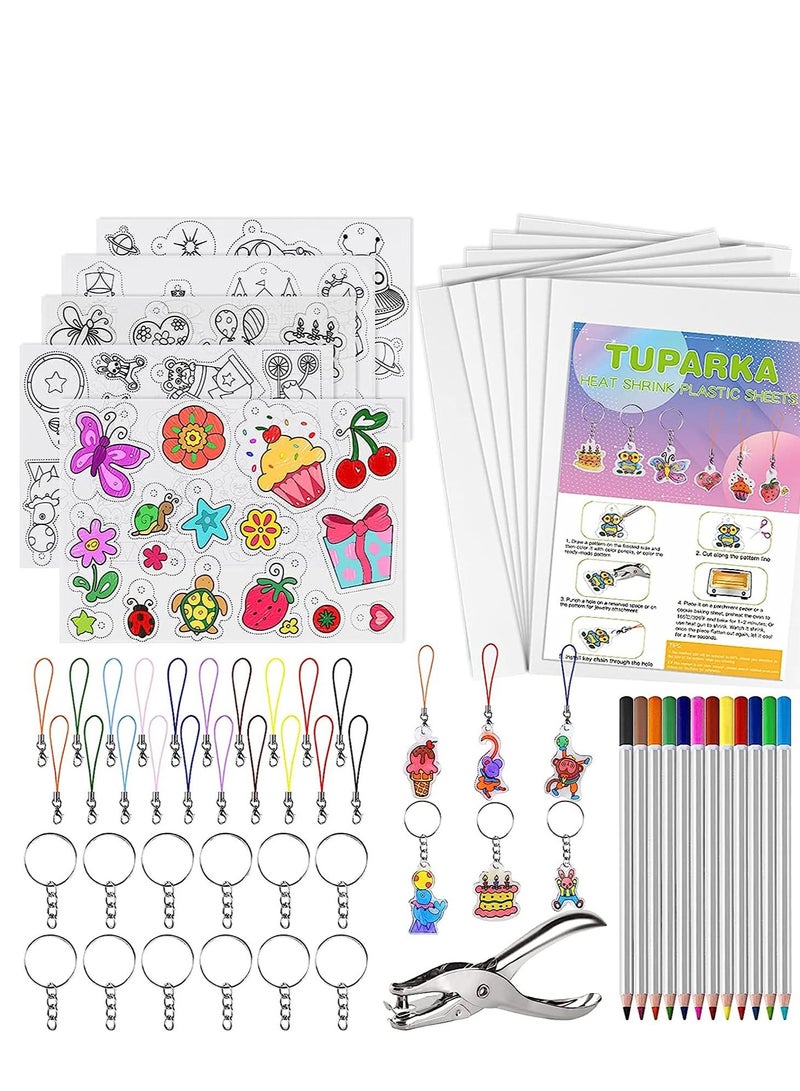 Captaintech 60 Pcs Heat Shrink Plastic Sheet Kit Sheets Creative Pack Including Blank Film Paper and Art with Pattern Hole Punch Keychains Pencils for Girls DIY Craft - Image 1