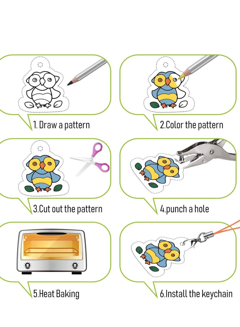 Captaintech 60 Pcs Heat Shrink Plastic Sheet Kit Sheets Creative Pack Including Blank Film Paper and Art with Pattern Hole Punch Keychains Pencils for Girls DIY Craft - Image 4