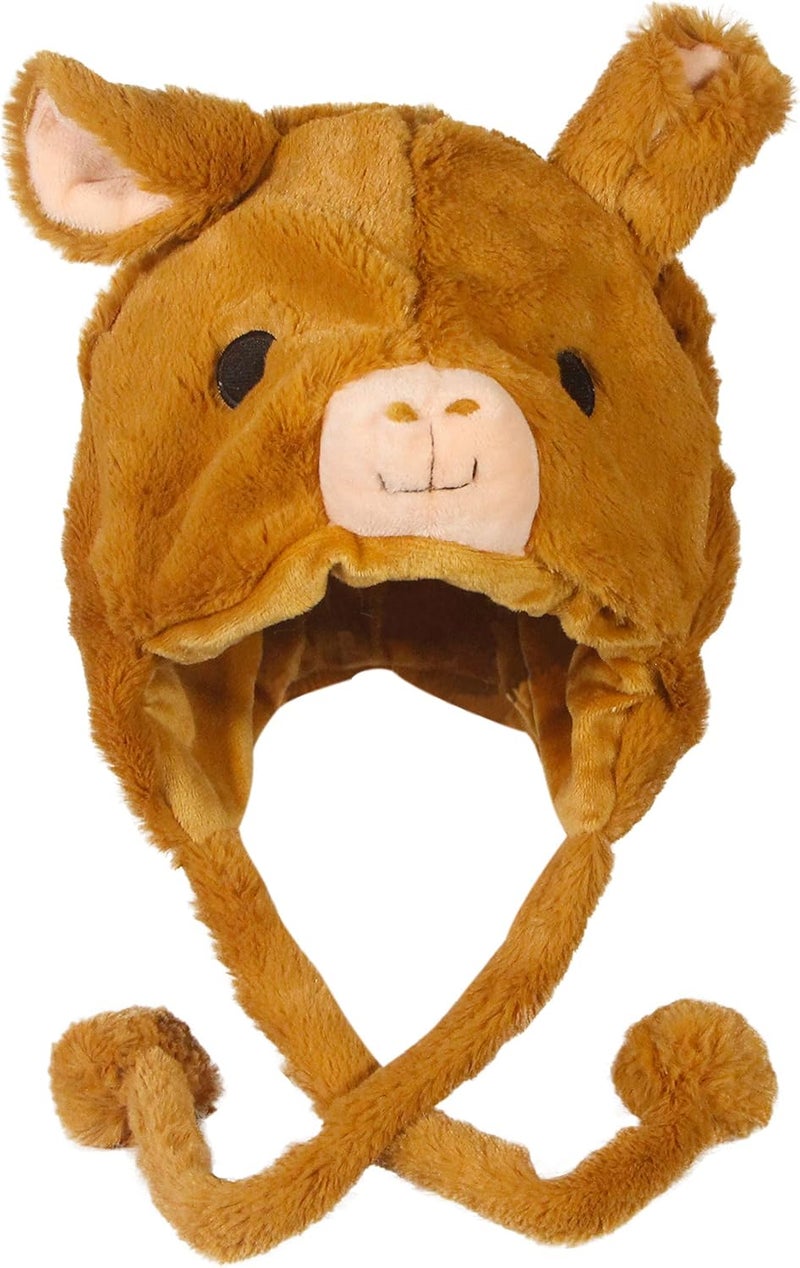 Cute Plush Animal Character Winter Hat Fun Ski Cap with Detailed Animal Face Long Ear Straps with Pom Pom Ends