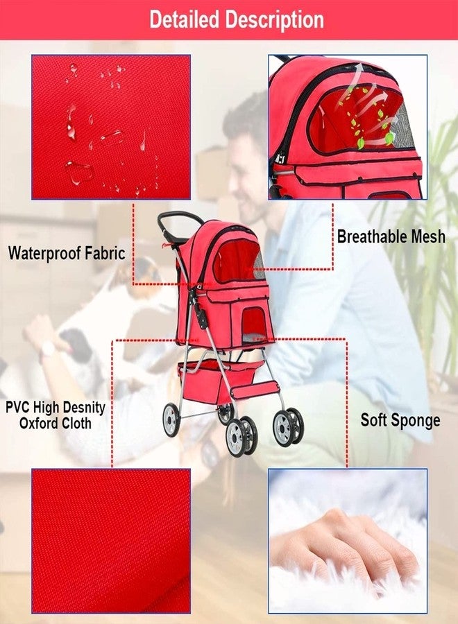HHS Dog Stroller Pet Stroller Cat Stroller for Medium Small Dogs Foldable Travel 3 Wheels Waterproof Puppy Stroller,Multiple Colors (Red) - Image 3