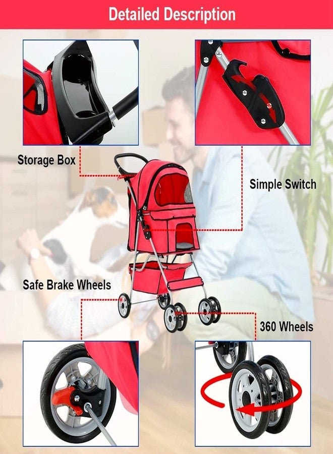 HHS Dog Stroller Pet Stroller Cat Stroller for Medium Small Dogs Foldable Travel 3 Wheels Waterproof Puppy Stroller,Multiple Colors (Red) - Image 4