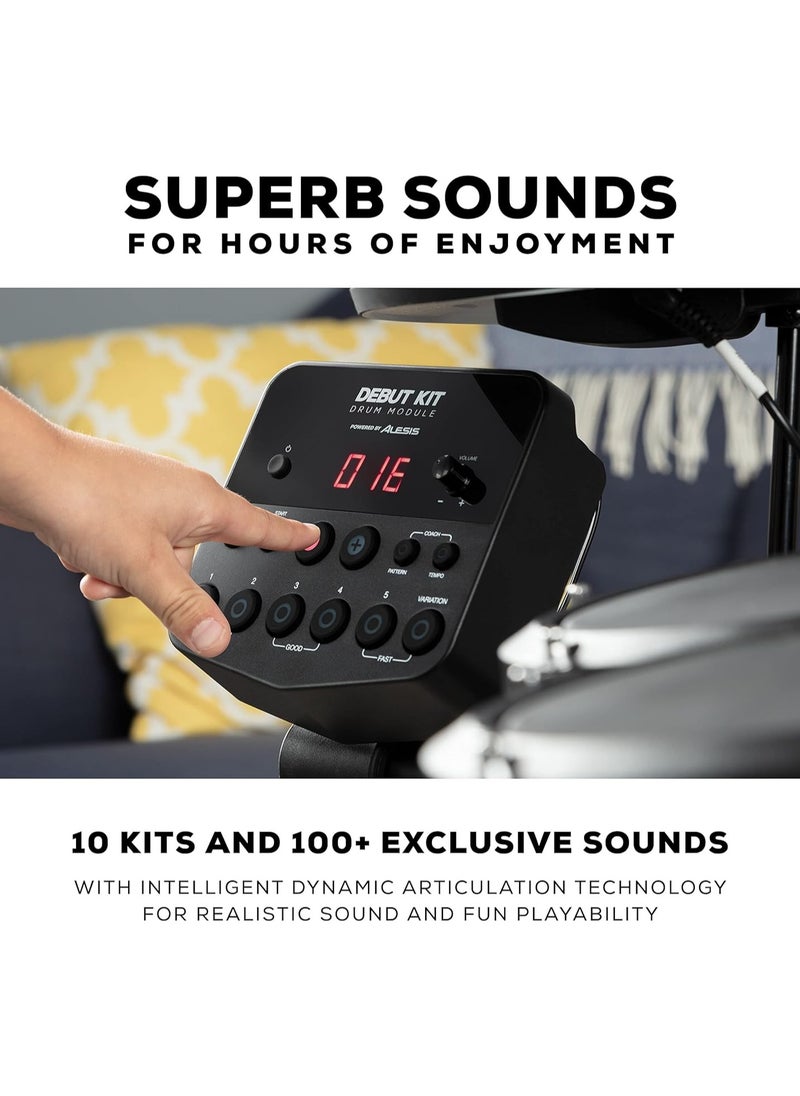 Alesis Debut Kit - مجموعة طبول للأطفال مع 4 منصات مجموعة طبول كهربائية شبكية، 120 صوتًا، 60 درسًا للموسيقى، مقعد طبل، عصي الطبل وسماعات الرأس