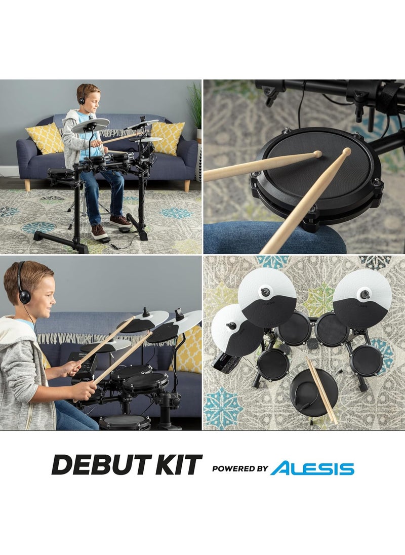 Alesis Debut Kit - مجموعة طبول للأطفال مع 4 منصات مجموعة طبول كهربائية شبكية، 120 صوتًا، 60 درسًا للموسيقى، مقعد طبل، عصي الطبل وسماعات الرأس