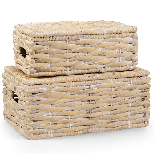 84ECO Set of 2 White Wicker Baskets with Lid - Image 1