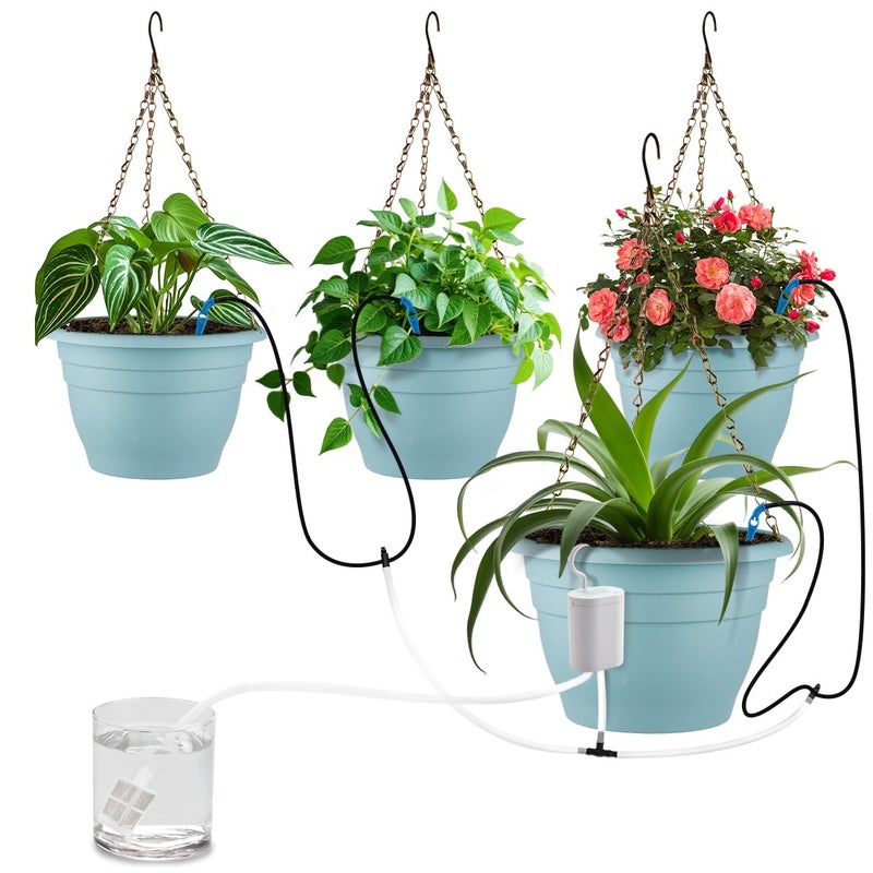RooTrimmer Hanging Planters 10 Inch, 4 Pcs Flower Pots Automatic Watering System Set, Self Watering Hanging Basket with Drainage Hole for Indoor Outdoor Plants, Decor, Blue - Image 1