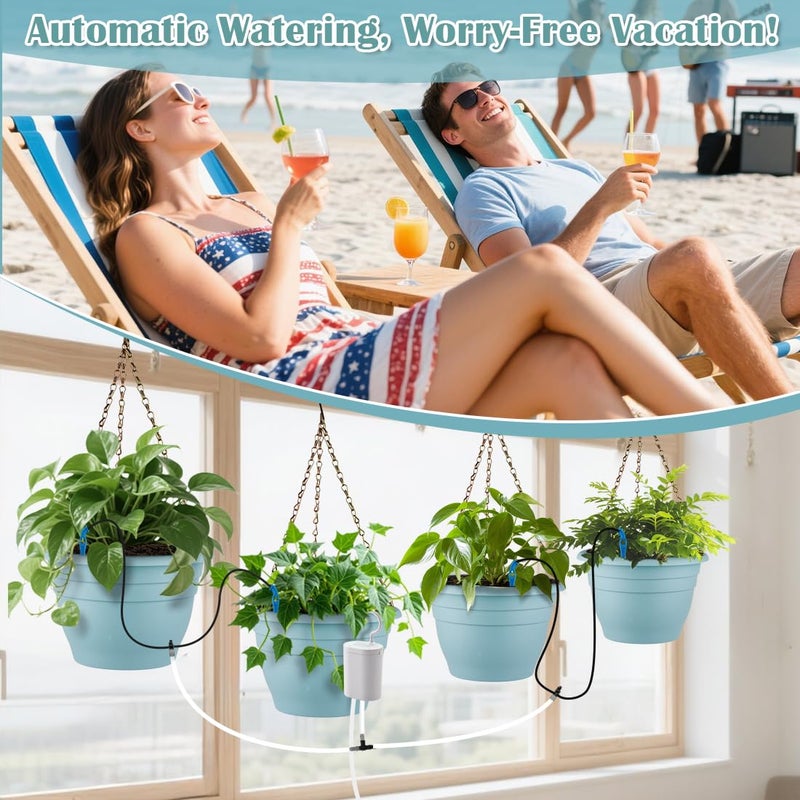 RooTrimmer Hanging Planters 10 Inch, 4 Pcs Flower Pots Automatic Watering System Set, Self Watering Hanging Basket with Drainage Hole for Indoor Outdoor Plants, Decor, Blue - Image 3