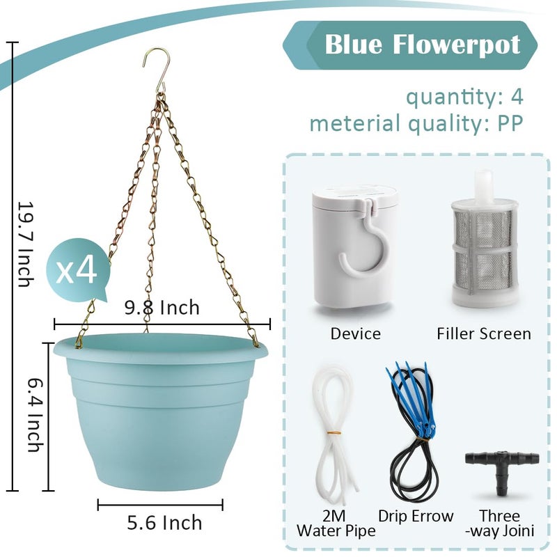 RooTrimmer Hanging Planters 10 Inch, 4 Pcs Flower Pots Automatic Watering System Set, Self Watering Hanging Basket with Drainage Hole for Indoor Outdoor Plants, Decor, Blue - Image 4