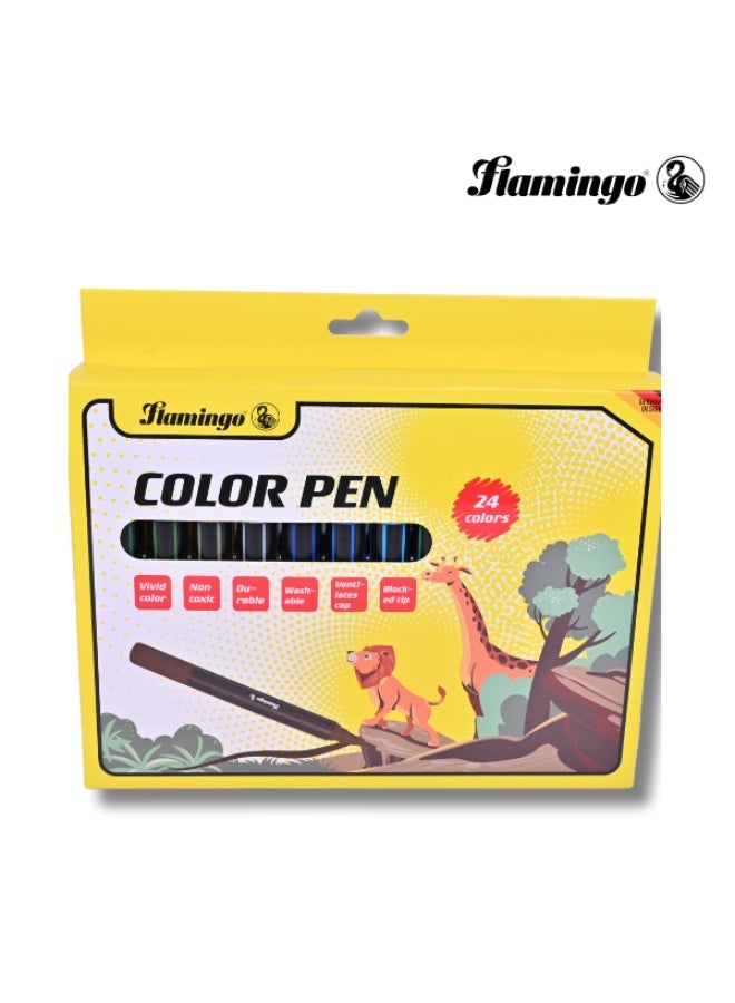 Flamingo Color Pen Set – 24 Vivid Shades – Washable & Non-Toxic – Durable Tip - Image 1