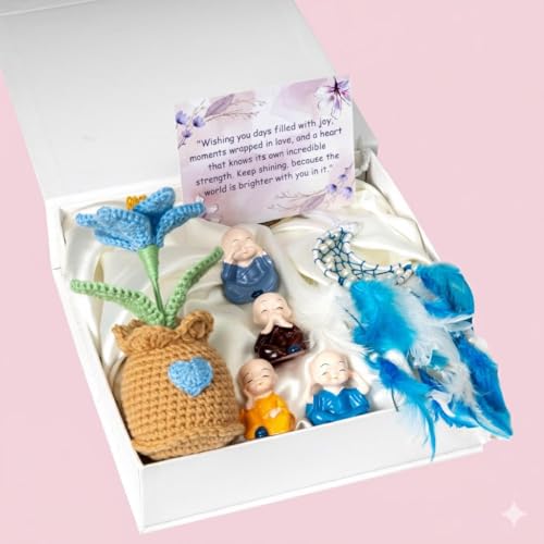 Rarejoy Gift Combo for Men and Women – Includes Crochet Lily Flower Pot, Moon Dreamcatcher, Mini Buddhas & Greeting Card – Perfect for Valentine, Birthday, Anniversary, Womens Day & Special Occasions - Image 1