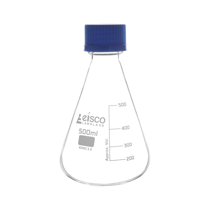 Erlenmeyer Flask, 500ml - Borosilicate Glass - with PTFE Screw Cap - Conical Shape - White Graduations