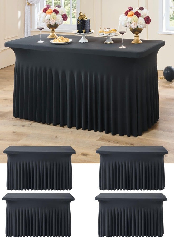 Htper 4 Pack Black Spandex Tablecloths for 6 Foot Rectangle Tables, Wrinkle Free Stretchy Table Clothes with Skirt for Weddings Birthday Party Banquet Baby Shower - Image 1