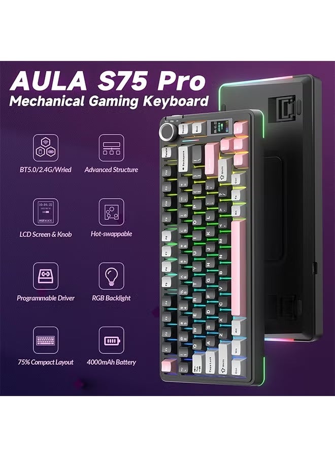 أولا لوحة مفاتيح ميكانيكية لاسلكية AULA S75 PRO مع شاشة ومقبض، لوحة مفاتيح ألعاب قابلة للتبديل السريع بنسبة 75% مع مفاتيح مُشحمة مسبقًا، وإضاءة خلفية RGB، وأغطية مفاتيح PBT، لوحات مفاتيح ألعاب كمبيوتر ذات صوت كريمي - Image 5