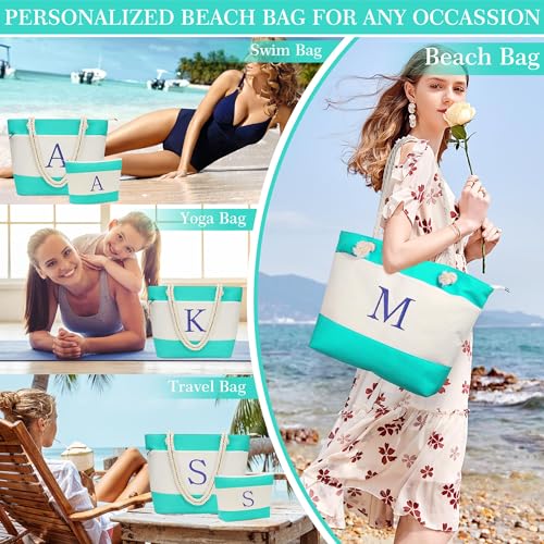 YOOLIFE X-Large Blue Cotton Tote Bag - Personalized Initial Monogram Beach Bag for Women, Mom, Teacher Gifts, Summer - Image 5