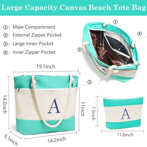 YOOLIFE X-Large Blue Cotton Tote Bag - Personalized Initial Monogram Beach Bag for Women, Mom, Teacher Gifts, Summer - Image 3