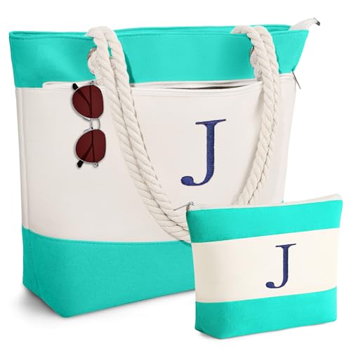YOOLIFE X-Large Blue Cotton Tote Bag - Personalized Initial Monogram Beach Bag for Women, Mom, Teacher Gifts, Summer - Image 1