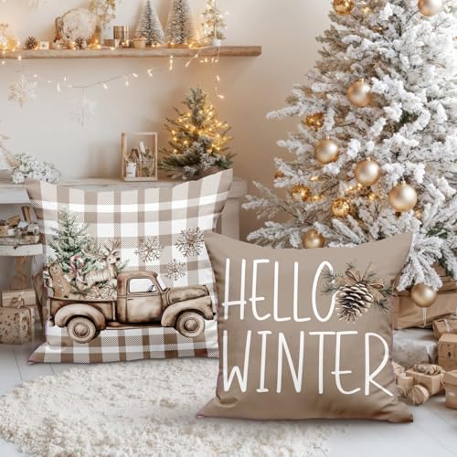 Lanpn 18x18 Christmas Throw Pillow Covers Set of 4 Brown Merry Christmas Pillow Covers Xmas Tree Pillowcase Holiday Pillow Case Decorative Cushion Cover for Room Couch Sofa Home Decor - Image 3
