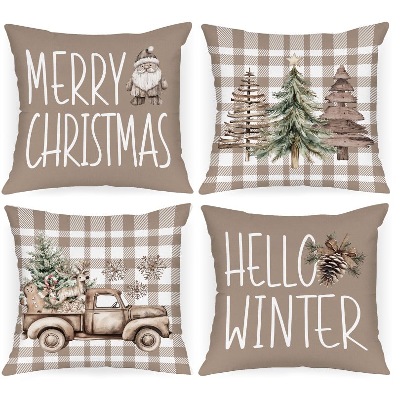 Lanpn 18x18 Christmas Throw Pillow Covers Set of 4 Brown Merry Christmas Pillow Covers Xmas Tree Pillowcase Holiday Pillow Case Decorative Cushion Cover for Room Couch Sofa Home Decor - Image 2