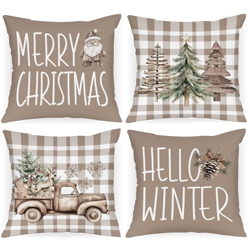 Lanpn 18x18 Christmas Throw Pillow Covers Set of 4 Brown Merry Christmas Pillow Covers Xmas Tree Pillowcase Holiday Pillow Case Decorative Cushion Cover for Room Couch Sofa Home Decor - Image 1