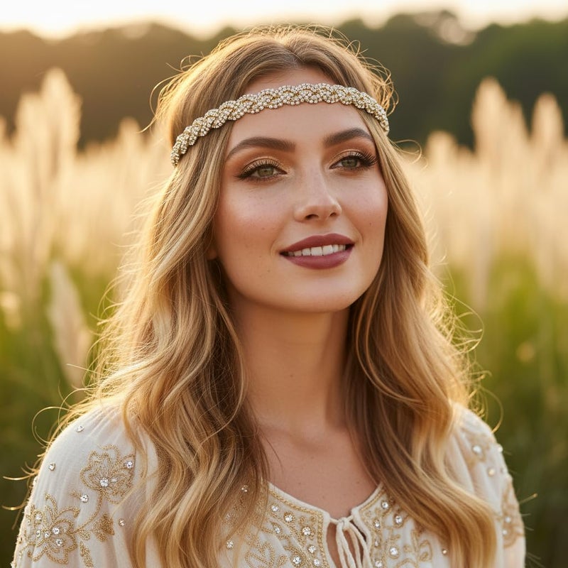 Fstrend Elastic Rhinestone Headbands, Carnival Rave Hair Accessories, Sparkly Crystal Braid Headpiece for Women (Gold, M) - Image 5
