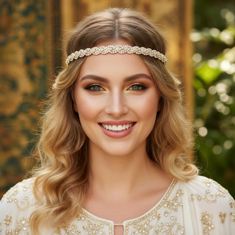 Fstrend Elastic Rhinestone Headbands, Carnival Rave Hair Accessories, Sparkly Crystal Braid Headpiece for Women (Gold, M) - Image 3