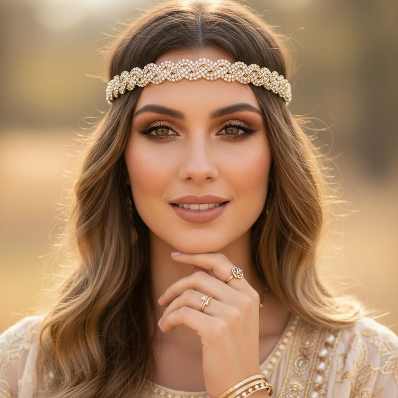 Fstrend Elastic Rhinestone Headbands, Carnival Rave Hair Accessories, Sparkly Crystal Braid Headpiece for Women (Gold, M) - Image 2