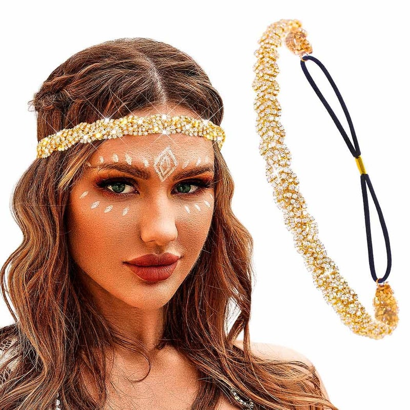 Fstrend Elastic Rhinestone Headbands, Carnival Rave Hair Accessories, Sparkly Crystal Braid Headpiece for Women (Gold, M) - Image 1