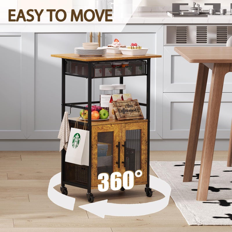 Hencawima 3 Tier Rolling Coffee Cart with 2-Door & Pull-Out Wire Basket Drawer, Movable Coffee Bar Cabinet on Lockable Casters, 32.7" H Microwave Cart with Storage for Home, Kitchen, Dining Room (Rustic Brown) - Image 3