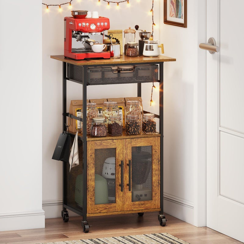 Hencawima 3 Tier Rolling Coffee Cart with 2-Door & Pull-Out Wire Basket Drawer, Movable Coffee Bar Cabinet on Lockable Casters, 32.7" H Microwave Cart with Storage for Home, Kitchen, Dining Room (Rustic Brown) - Image 1