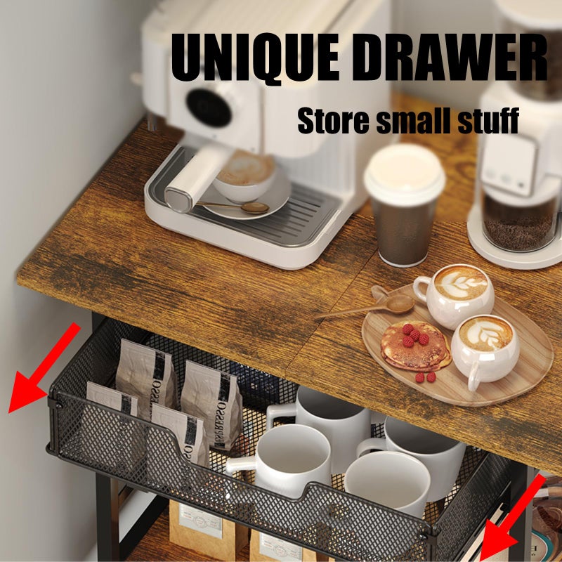 Hencawima 3 Tier Rolling Coffee Cart with 2-Door & Pull-Out Wire Basket Drawer, Movable Coffee Bar Cabinet on Lockable Casters, 32.7" H Microwave Cart with Storage for Home, Kitchen, Dining Room (Rustic Brown) - Image 5