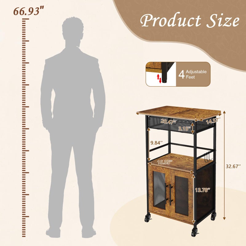 Hencawima 3 Tier Rolling Coffee Cart with 2-Door & Pull-Out Wire Basket Drawer, Movable Coffee Bar Cabinet on Lockable Casters, 32.7" H Microwave Cart with Storage for Home, Kitchen, Dining Room (Rustic Brown) - Image 4