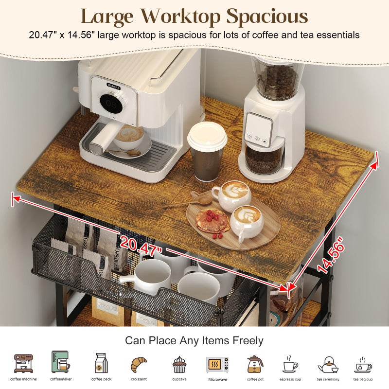 Hencawima 3 Tier Rolling Coffee Cart with 2-Door & Pull-Out Wire Basket Drawer, Movable Coffee Bar Cabinet on Lockable Casters, 32.7" H Microwave Cart with Storage for Home, Kitchen, Dining Room (Rustic Brown) - Image 2