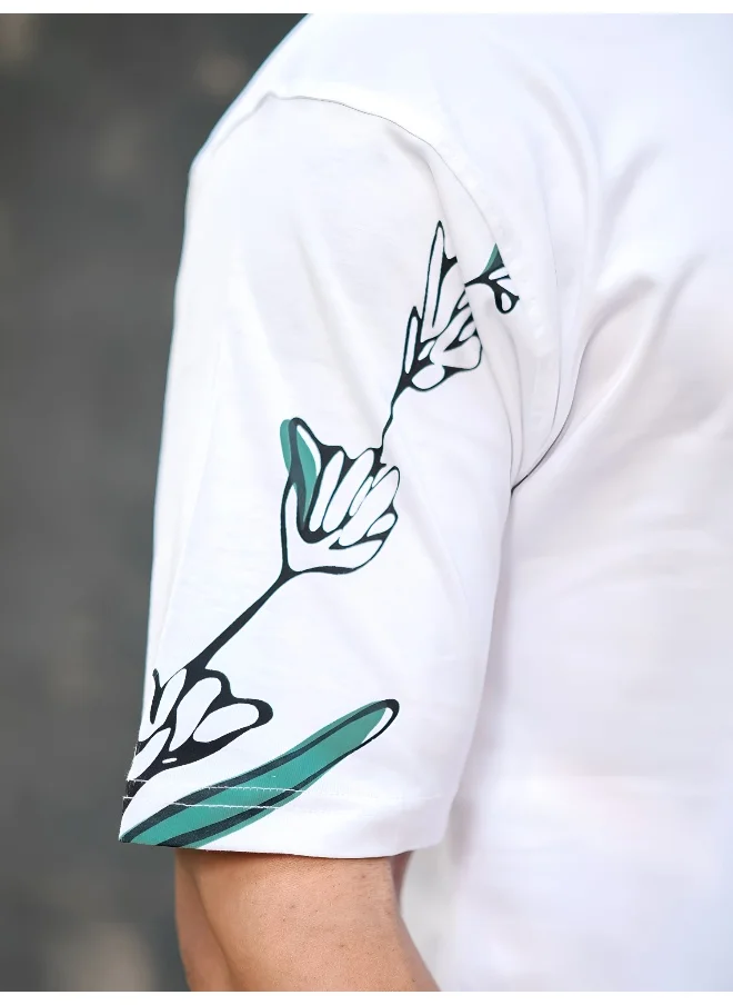 Maniac Mens Printed Round Neck 3/4th Sleeve White and Green Cotton T-Shirt