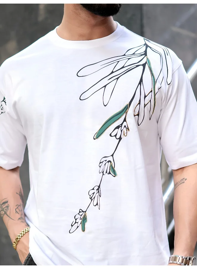 Maniac Mens Printed Round Neck 3/4th Sleeve White and Green Cotton T-Shirt