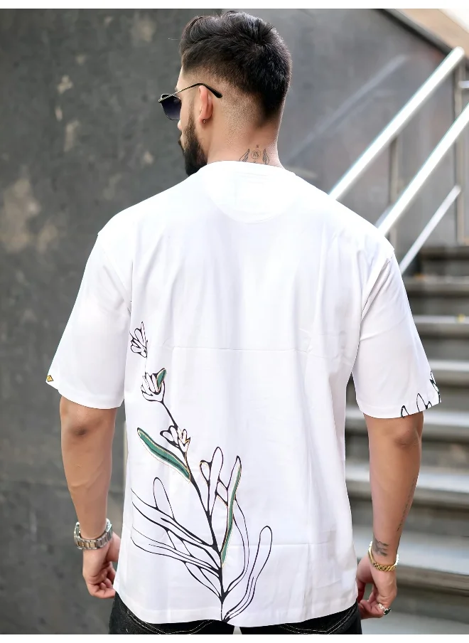 Maniac Mens Printed Round Neck 3/4th Sleeve White and Green Cotton T-Shirt