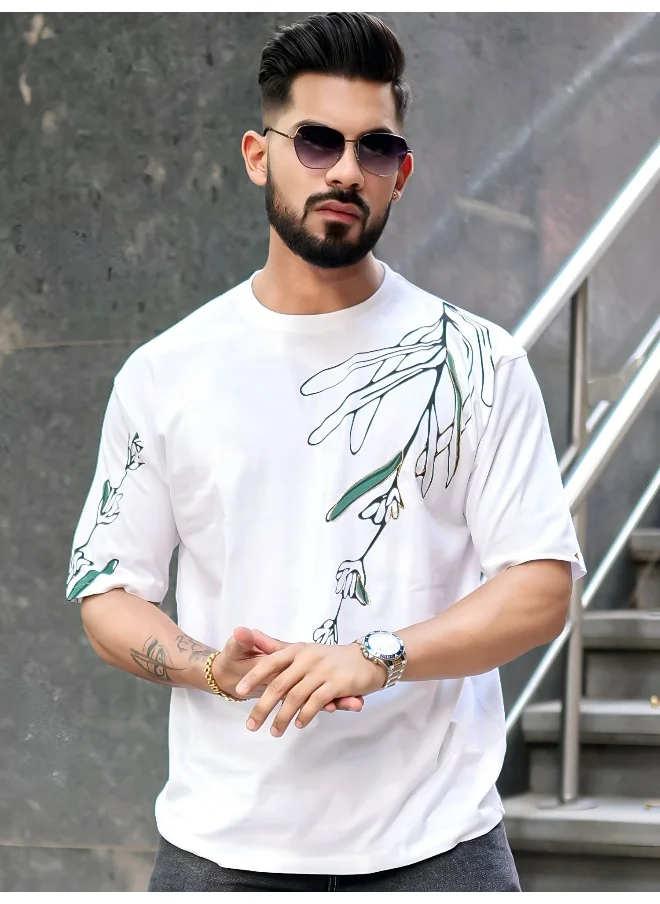 Maniac Mens Printed Round Neck 3/4th Sleeve White and Green Cotton T-Shirt