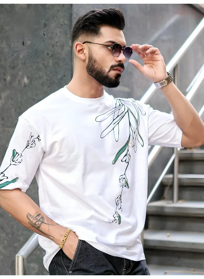 مانياك Mens Printed Round Neck 3/4th Sleeve White and Green Cotton T-Shirt