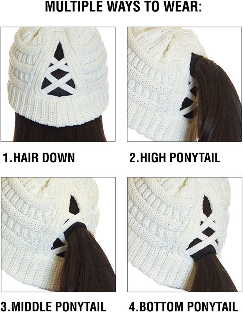 Cc Exclusives Soft Stretch Cable Knit Messy Bun Ponytail Beanie Winter Hat for Women (MB-20A) - Image 5