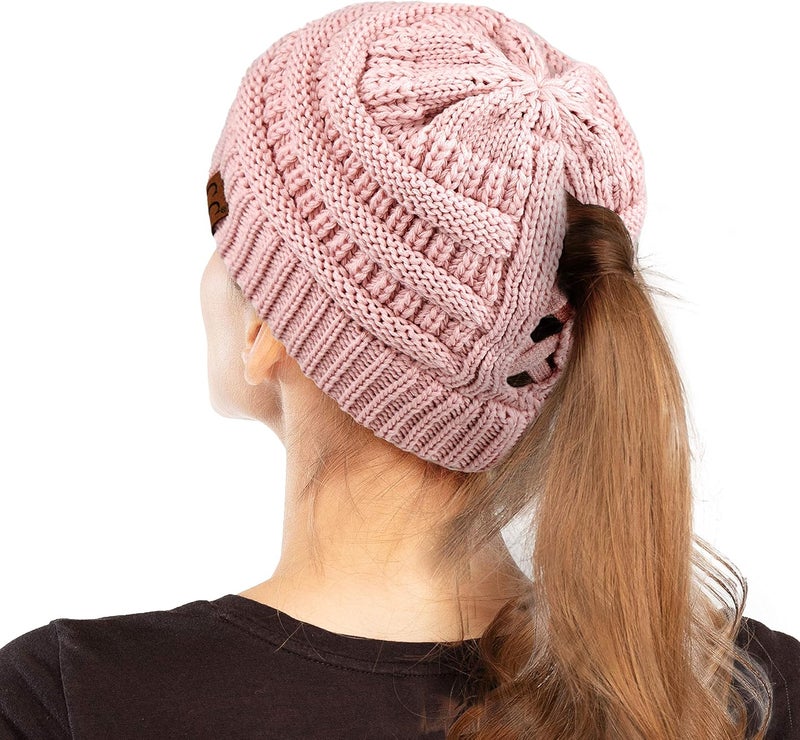 Cc Exclusives Soft Stretch Cable Knit Messy Bun Ponytail Beanie Winter Hat for Women (MB-20A) - Image 1