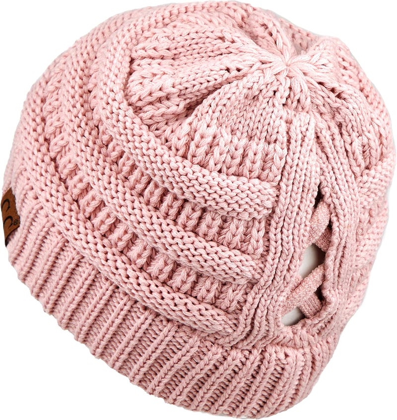 Cc Exclusives Soft Stretch Cable Knit Messy Bun Ponytail Beanie Winter Hat for Women (MB-20A) - Image 2