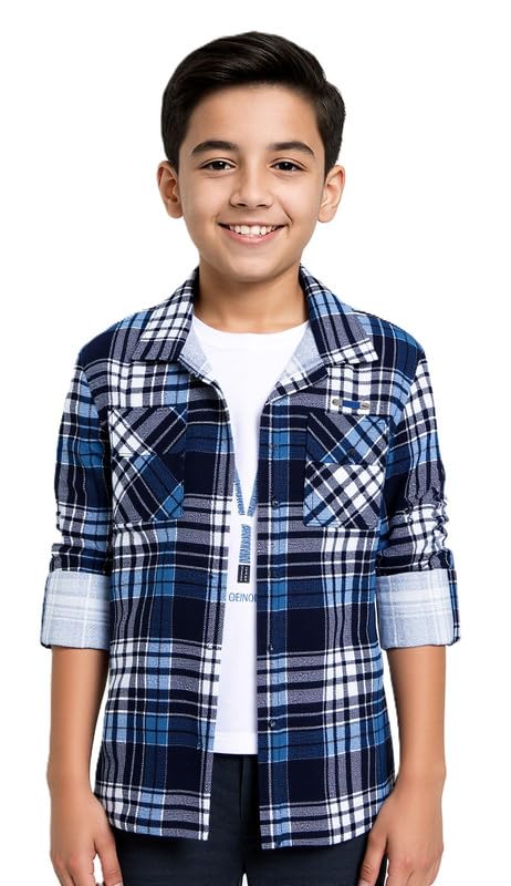 CAVIO Boys Cotton Full Sleeves Checks Shackets Shirt and T-Shirt Navy 4-5 Years - Image 1