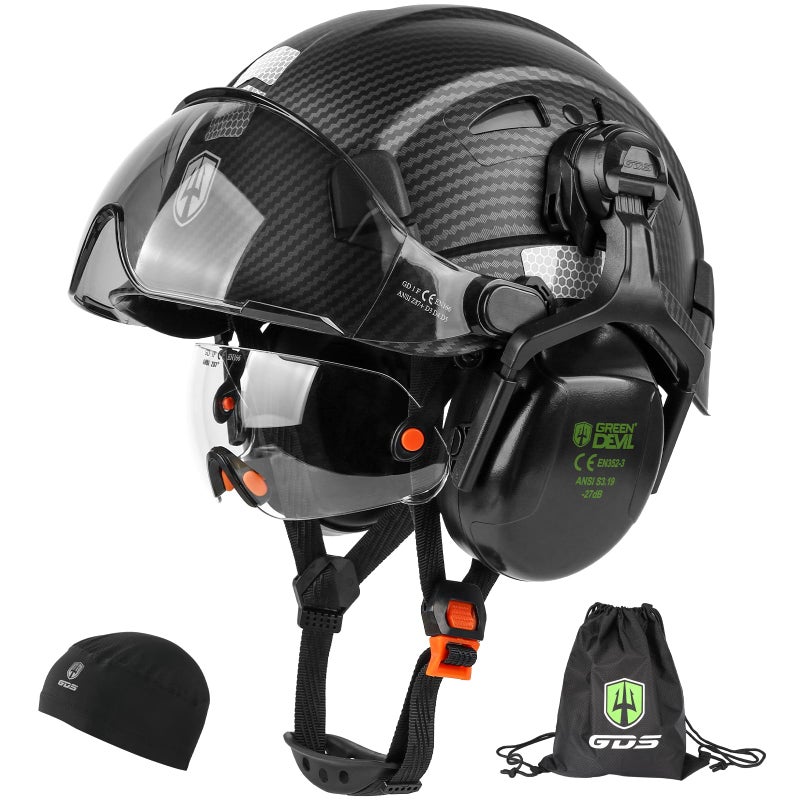GREEN DEVIL Hard Hat Safety Helmet with Visor and Ear Muffs Men Women Vented Work Hardhat ANSI Z891 Cascos De Construccion for Industrial Construction Forestry