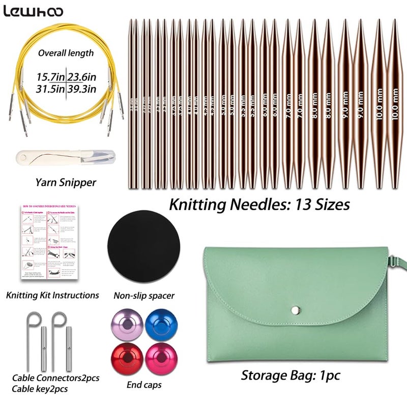 Lewhoo Circular Knitting Needles Set, 13 Pairs Interchangeable Aluminum Round Circular Needle for Knitting with Bag 3.0~10.mm Rose Gold - Image 2