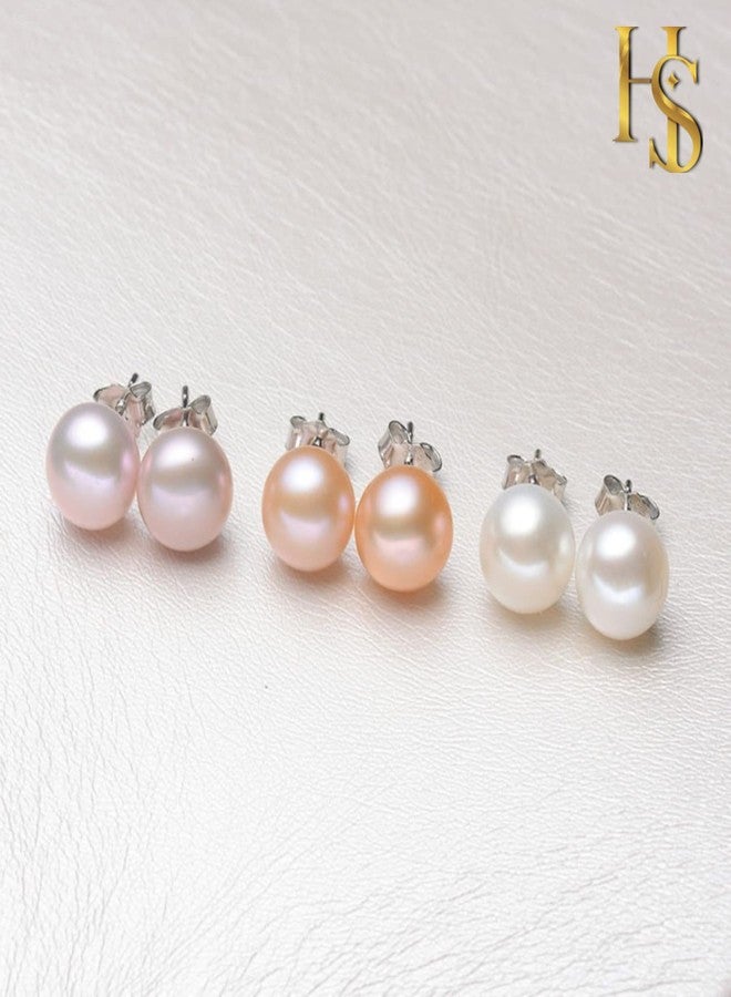 HIGHSPARK 925 Silver Pearl Earrings for Women | 92.5 Sterling Silver & Brilliant Lustre Freshwater Button Pearls | Lovely Gift for Women & Girls - Pearl Peach - Image 2